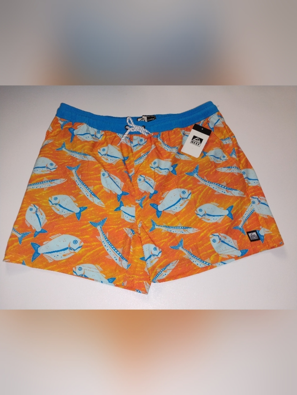 Reef Men’s Orange Swim Trunks with Blue Fish Print XL New